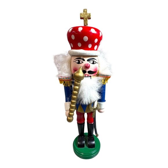 Vintage Wooden Nutcracker Toy Soldier King Figurine Red Polka Dot Hat Gold Staff - Picture 2 of 9